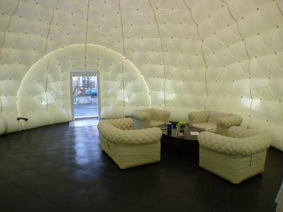 Inside view of the event tent aiRdome 75 with inflatable furniture