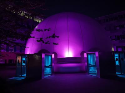 Night shot of our 16m infinityDome with built-in outdoor lighting controllable via smartphone.