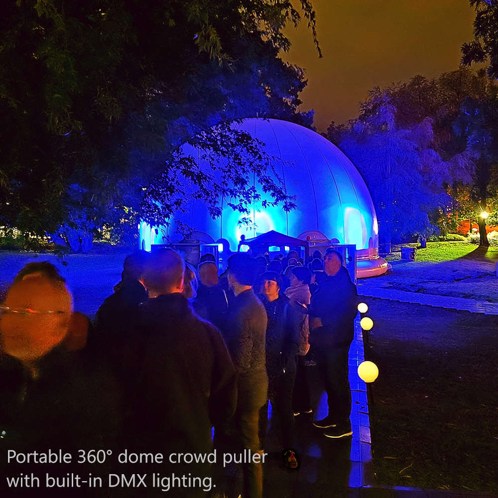 Portable 360° dome crowd puller with built-in DMX lighting.